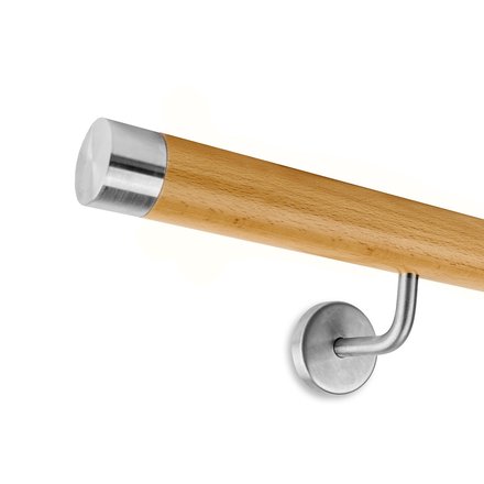 Picture: Handrail set beech with stainless steel end cap straight and holder 1