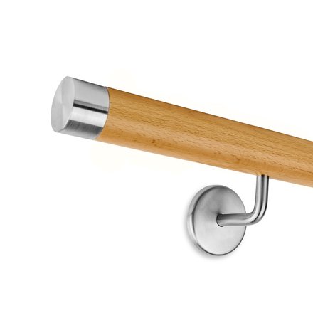 Picture: Handrail set beech with stainless steel end cap straight and holder 2