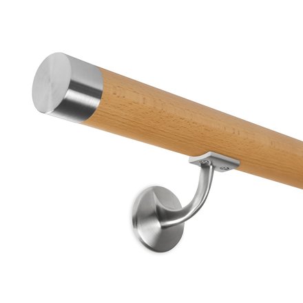 Picture: Handrail set beech with stainless steel end cap straight and holder with hanger bolt