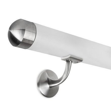 Picture: Handrail white with stainless steel end cap round and holder with hanger bolt
