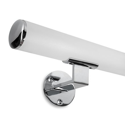 Image: Handrail white with polished stainless steel cap and stainless steel look holder