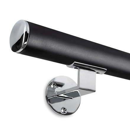 Image: Handrail black with polished stainless steel cap and stainless steel look holder