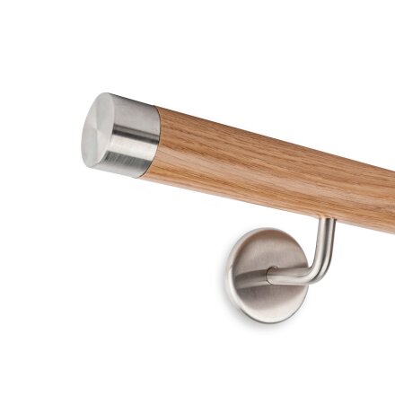 Picture: Handrail set oak with stainless steel end cap straight and holder 2