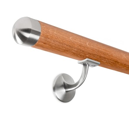 Picture: Handrail set oak with stainless steel end cap round and holder with hanger bolt