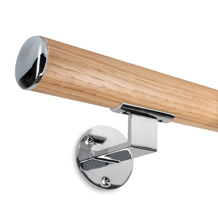Image: Handrail red oak with polished stainless steel cap and stainless steel look holder