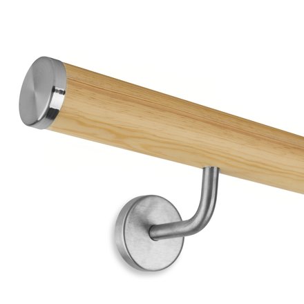 Picture: Handrail set pine with stainless steel end cap flat and holder 1