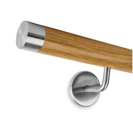 Picture: Handrail set oak with stainless steel end cap straight and holder 2