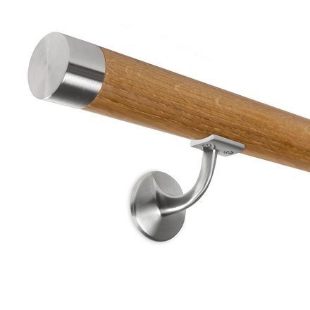 Picture: Handrail set oak with stainless steel end cap straight and holder with hanger bolt