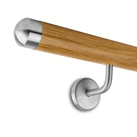 Picture: Handrail set oak with stainless steel end cap round and holder 1