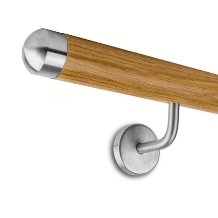 Picture: Handrail set oak with stainless steel end cap round and holder 1
