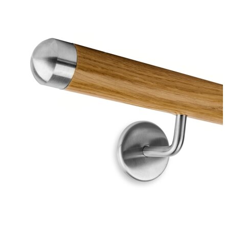 Picture: Handrail set oak with stainless steel end cap round and holder 2