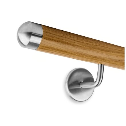 Picture: Handrail set oak with stainless steel end cap round and holder 2